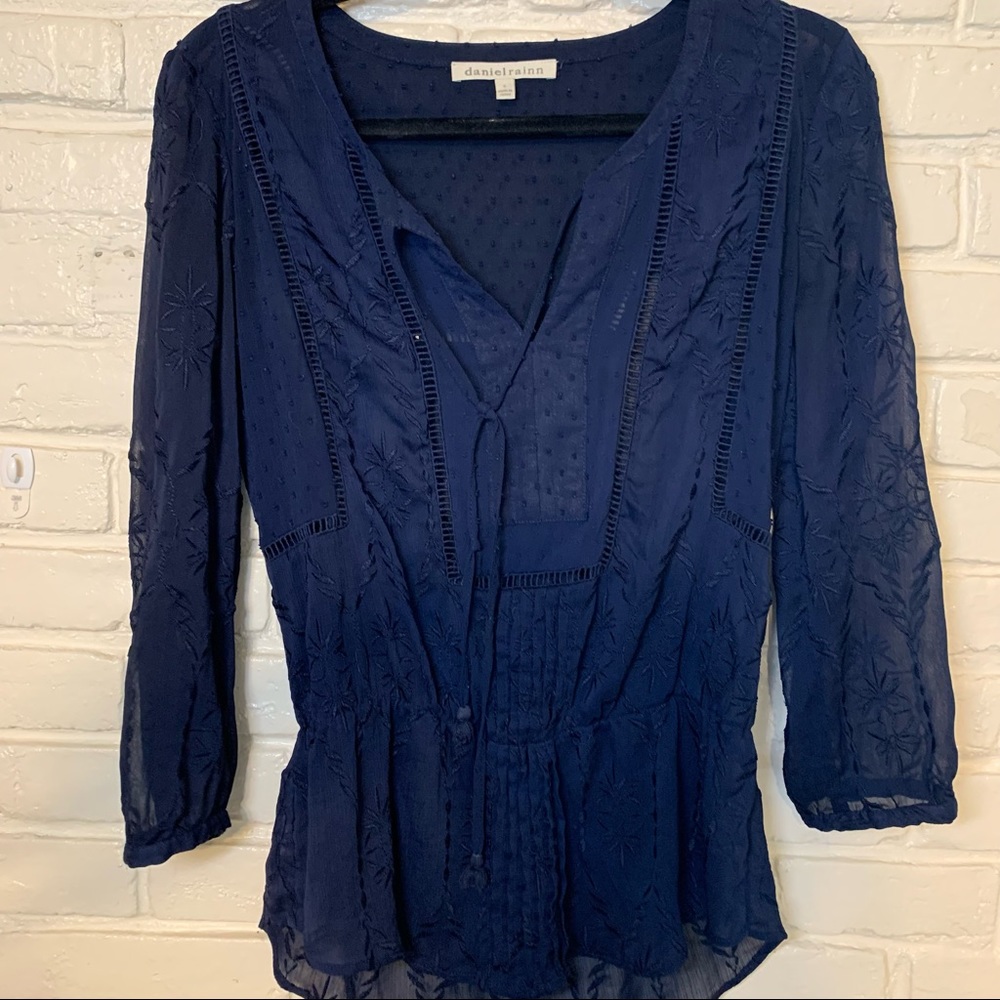 Daniel Rainn blouse , detail , navy blue , tie neck